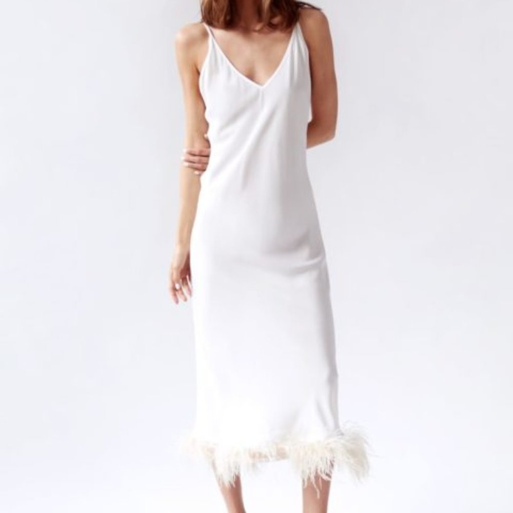 Sleeper Women's White Feather Trim Slip Dress